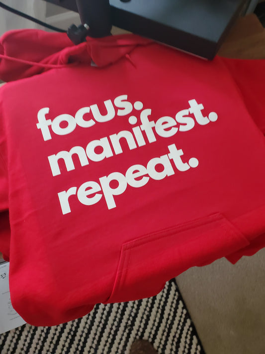 Cherry hoodie Focus Manifest Repeat white letters