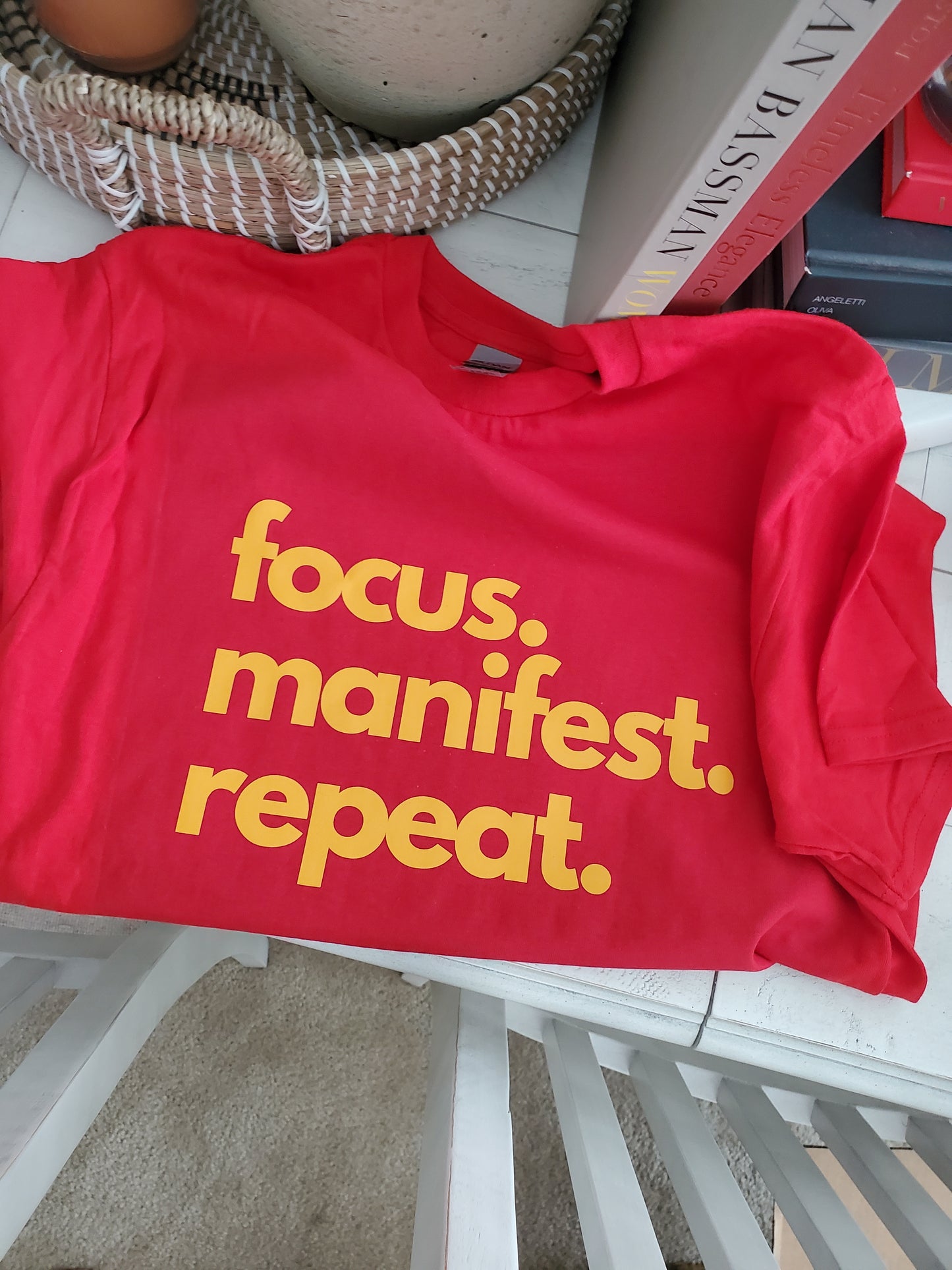 Cherry tshirt gold letterrs focus manifest repeat